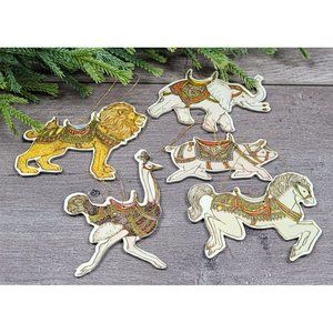5 Vintage Merrimack Publishing Christmas Ornaments Lion Horse Ostrich Elephant🤩